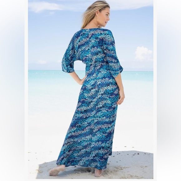 Swimsuits For All Cover Up Maxi Dress Faux Wrap Plus 34W 36W Blue Animal Dot - Picture 3 of 13